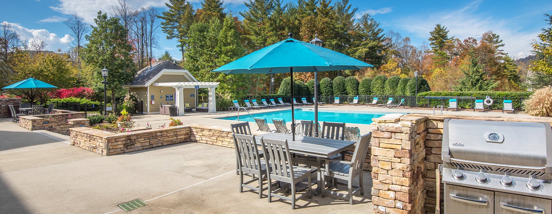 Grills, shaded tables, and pool by wooded area
